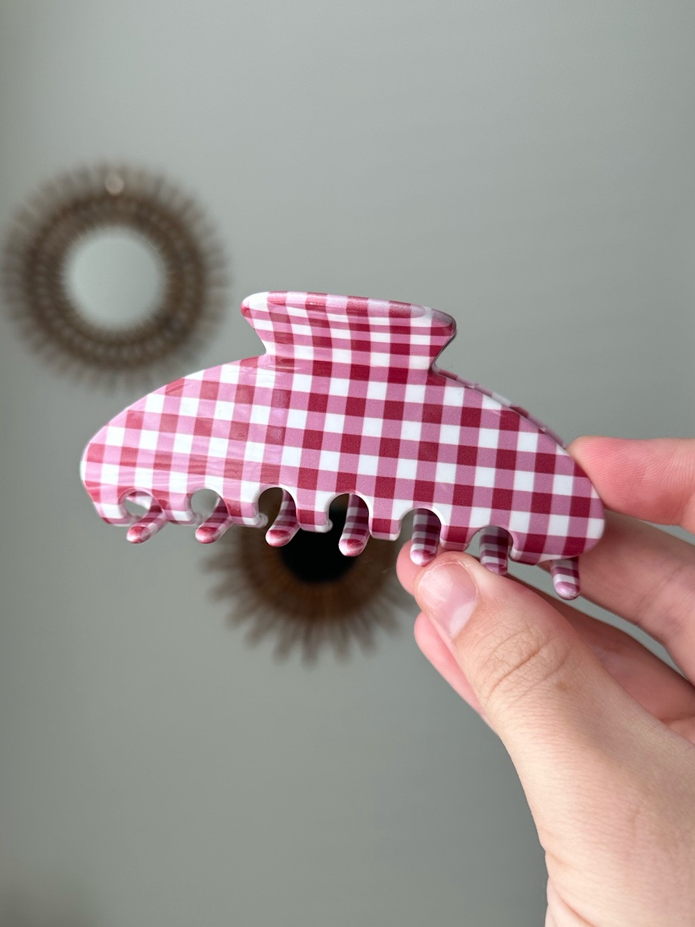 big effing clip in cherry gingham